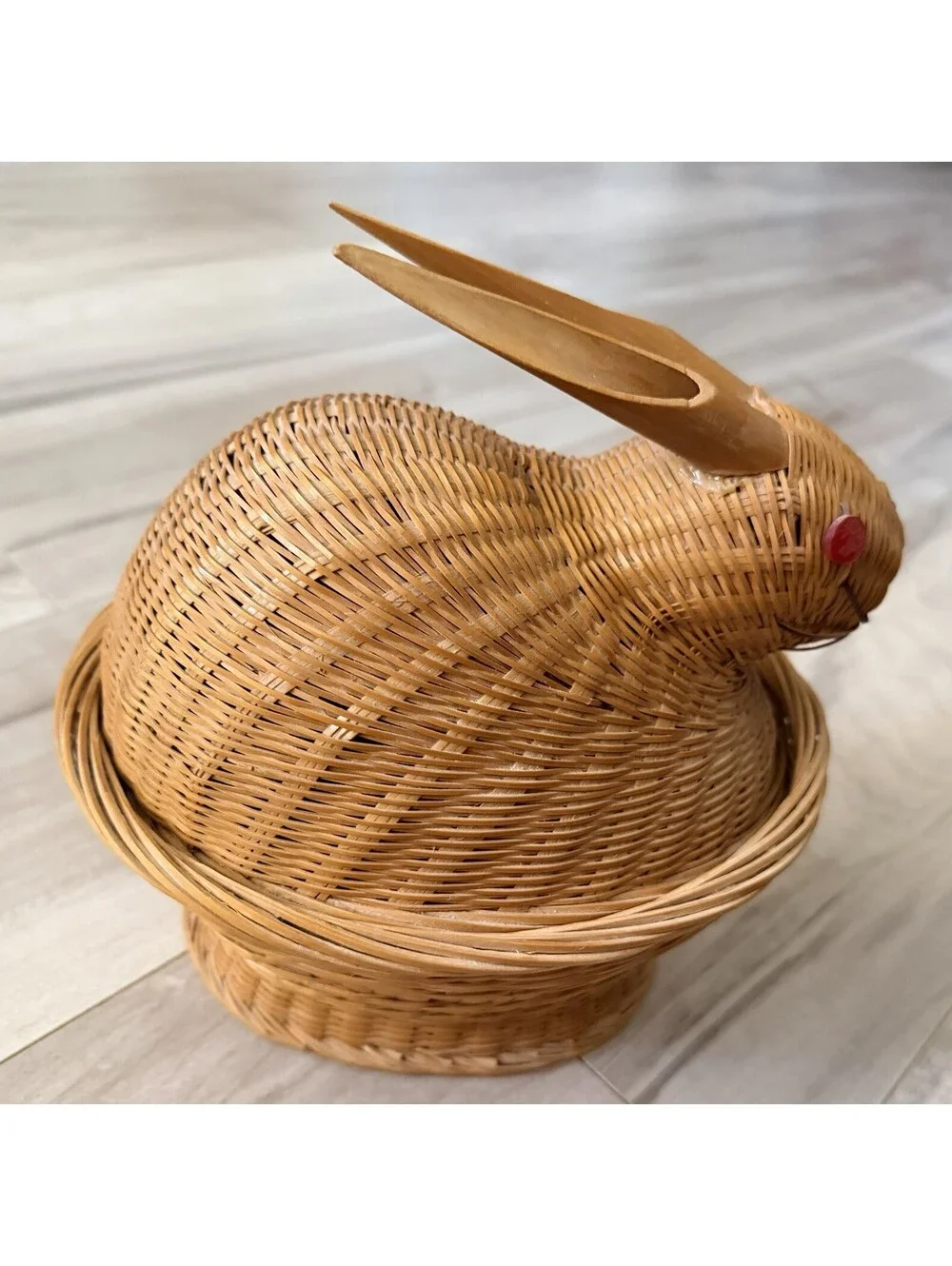 Vintage Woven Rabbit Basket with Red Button Eyes Farmhouse Decor Cottagecore